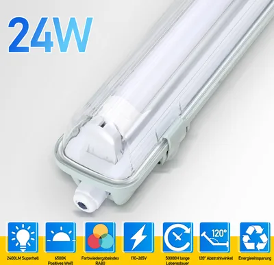 A close-up of a white LED light fixture with various feature icons and text displayed below it.