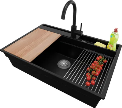 Produktbild von PRIMAGRAN Granitspüle Schwarz 78x53cm, Spülbecken 1 Becken + Ablauf-Set + Küchenzubehörset, Küchenspüle ab 80er Unterschrank - Oslo Pocket