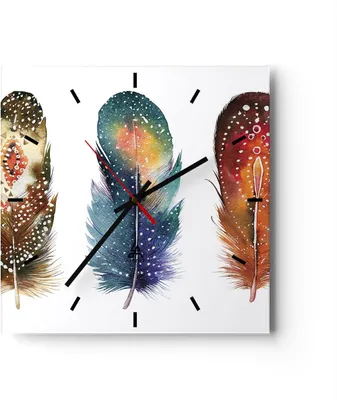 Produktbild von Wanduhr - Quadrat - Glasuhr - Feder Vogel Farbe - 30x30cm - Schleichendes Uhrwerk - Lautlos - zum Aufhängen bereit - Dekoration Modern - Wanddekoration aus Glas - C3AC30x30-4927