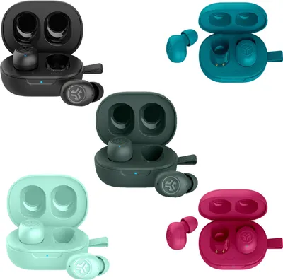 A collage of different colored JBuds Mini True Wireless Earbuds.