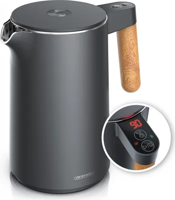 A modern electric kettle with a wood-effect handle and a digital temperature display.