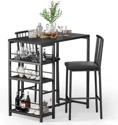 Produktbild von Bealife TB51 Bartisch Set 3-teilig, Küchentisch mit Stühlen für Küche, Bistro, etc. Esstisch und 2 Stühle mit Rückenlehne und Polsterung (Schwarz)