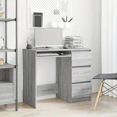 Image de Bureau – Bureau moderne avec 2 tiroirs et étagères ouvertes, de couleur grise