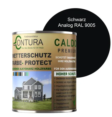 Produktbild von Contura 1Liter Wetterschutzfarbe Holz Dauerschutzfarbe Deckend Buntlack Holzfarbe Holzlasur Seidenmatt - Schwarz - RAL 9005 Analog