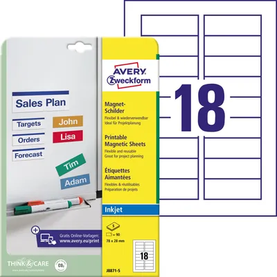 Produktbild von Avery Zweckform J8871-5 Magnet-Schilder, 78 x 28 mm, spezialbeschichtet, 5 Blatt/90 Etiketten, weiß