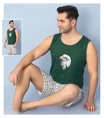 Produktbild von Herren Pyjama Schlafanzug Shorty Grün M Kurzarm 2 Teiler C-71