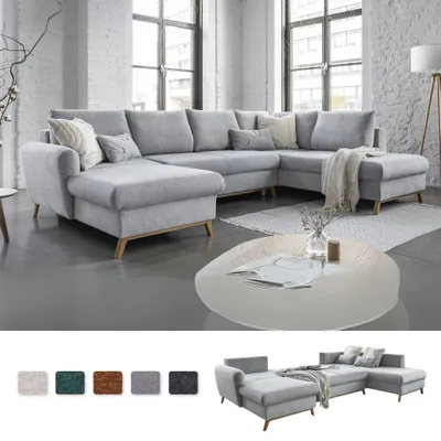 Produktbild von MIUFORM Scandic Lagom - Ecksofa mit Bettfunktion und Bettkasten U-FORM RECHTS - 312x202 cm - Hellgrau - Sofa Schlafsofa Couch