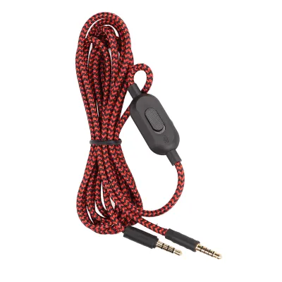A braided audio cable with a black inline microphone/volume control and two gold-plated 3.5mm connectors.