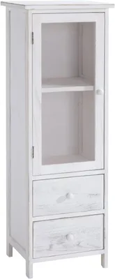 Image de Vitrine ETANIA au style vintage. Armoire vitrine et commode en blanc avec 1 porte et 2 tiroirs