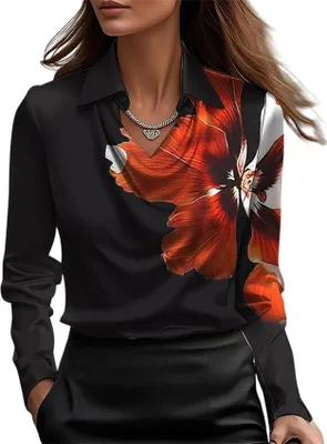 Produktbild von ASKSA Damen Satin Bluse Wasserfallkragen Elegante Oberteile Langarm Seide Hemdbluse Arbeitshemd Business Langarmshirt (Schwarze Blume,L)