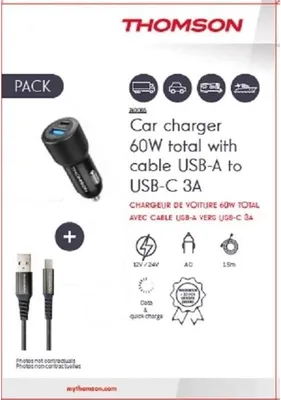 Immagine prodotto di Caricabatteria per auto, 60 W, cavo USB-A/USB-C, 3 A, ricarica e dati, 1,5 m, Thomson