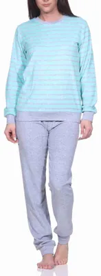 Produktbild von Damen Frottee Pyjama langarm mit Bündchen in edler Streifenoptik - 291 201 13 780 ; mint , 36