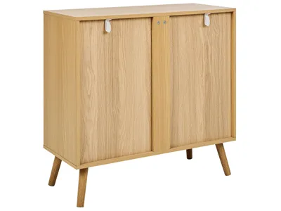 A light wood sideboard with two doors and four legs, presented against a white background.