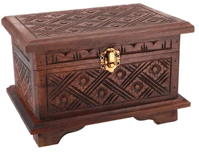 Produktbild von Beschnitzte Kleine Schatztruhe, Holzschachtel, Schmuck Dose, Schatzkiste - Modell 16, Braun, 14*21*15 cm, Dosen, Boxen & Schatullen