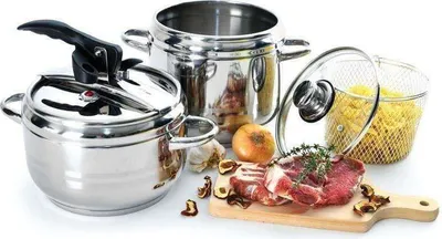 A collection of stainless steel cookware, including a pressure cooker, a large pot, and a frying basket with pasta, along with raw ingredients like meat, garlic, and onion, arranged on a white background.