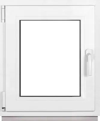 A white window frame with a clear glass pane, set against a white background. The window has a handle on the right side and hinges on the left.