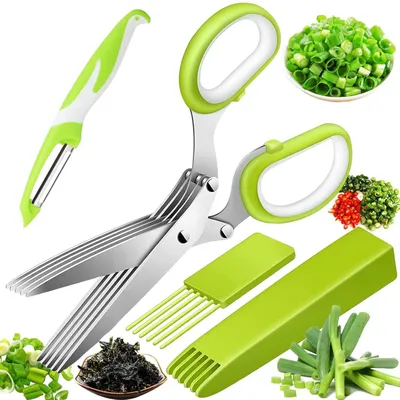 Produktbild von Kräuterschere Edelstahl 5 Klingen Küchen Schnittlauchschere Gemüseschere mit ReinigungKamm und Sicherheitsabdeckung Abstreiflöchern für Kräuter
