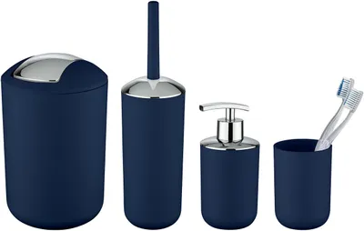 Produktbild von WENKO 4er Set Bad Accessoires Müll Eimer Seifen Spender Zahnbecher WC Bürsten