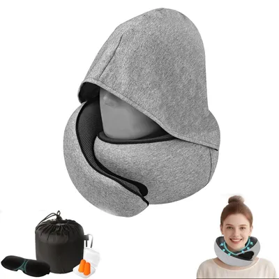 Imagen del producto de Omgoods - Almohada para el cuello con capucha - 100% espuma viscoelástica y antifaz 3D para mayor comodidad durante los viajes