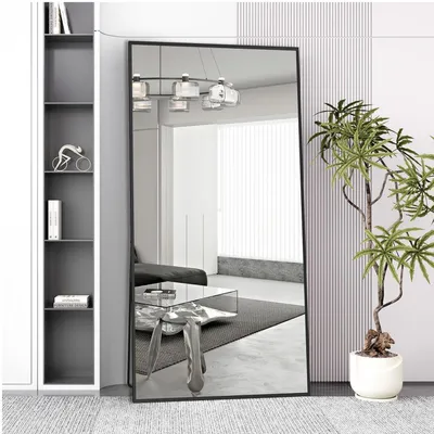 Image de Miroir de pied, cadre en métal noir, 193x86 cm, miroir pleine longueur, aluminium, verre trempé, à poser ou à suspendre