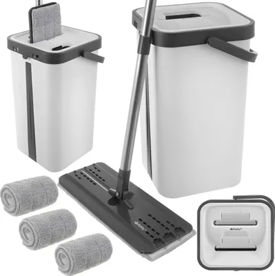 Produktbild von RUHHY Wischmopp Set mit 2-Kammer Eimer 11L, Bodenwischer mit Auswringfunktion, Flachmopp mit Mikrofaser Aufsätzen für Nass- & Trockenreinigung