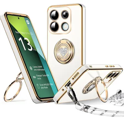 Image de Coque pour Xiaomi Redmi Note 13 Pro 5G, Silicone Souple avec Cordon et Anneau Rotatif Brillant - Blanc