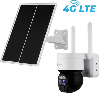 A solar panel and a security camera are shown against a white background.