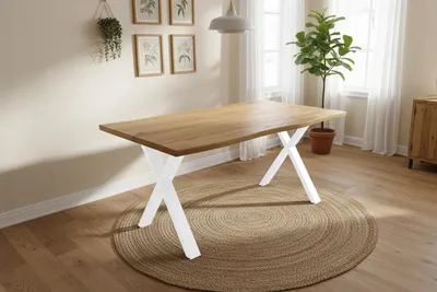 Produktbild von Esstisch 160x85 cm Baumkante Holz Wildeiche-Optik X-Gestell Metall weiß DUA