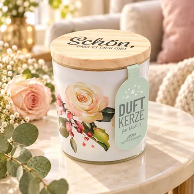 Produktbild von Duftkerze Jasmin „Schön, dass es dich gibt“ Blumenmotiv 30 Std. Brenndauer 8,5 cm
