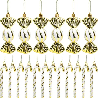 A collection of Christmas ornaments, including candy cane shapes and candy-like shapes, arranged in rows against a white background.