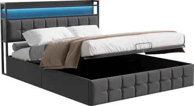 Obrázok produktu pre Čalúnená posteľ ProximaX 140x200 s USB a typom C, skriňová posteľ s lamelovým roštom, posteľ pre mladých s LED, hydraulická úložná posteľ manželská posteľ, posteľná bielizeň, sivá