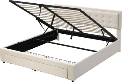 Produktbild von Flieks Polsterbett 180x200cm, Doppelbett mit Schublade, Hydraulisches Boxspringbett mit Lattenrost, Stauraumbett Massivholzbett Samt, Beige
