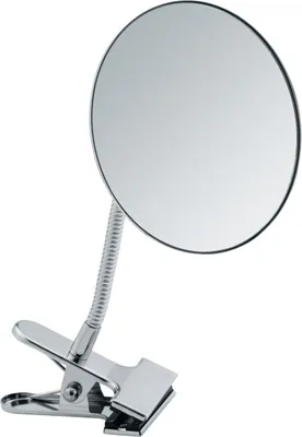 A close-up studio shot of a silver clip-on magnifying mirror against a white background.