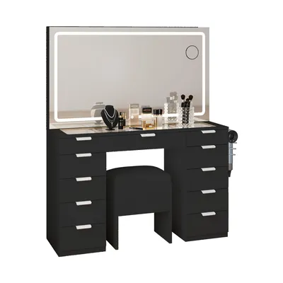 Produktbild von YITAHOME Schminktisch mit Spiegel und verstellbarer LED-Beleuchtung, Frisiertisch/Kosmetiktisch mit 11 Schubladen, Steckdosen und Hocker