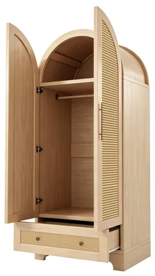 Productafbeelding van Kledingkast 70x55x170 cm in houtkleur met 2 deuren met een rotanlook en 2 lades, garderobekast met opbergvak