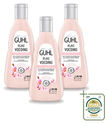 Imagen del producto de 3 champús nutritivos Guhl para cabello seco, 250 ml cada uno, pack de 3 unidades