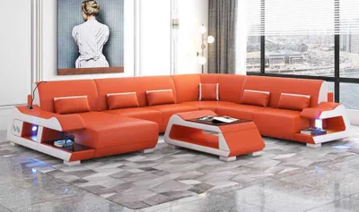 Produktbild von Großes Sofa Wohnlandschaft XXL U Form Ecksofa Ledersofa Orange Sofas