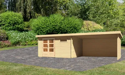 Produktbild von Gartenhaus Blockbohlenhaus Gerätehaus Bastrup 8 im Set mit Anbaudach 4 m breit, 28 mm Seiten - und Rückwand naturbelassen 769x297x220 cm