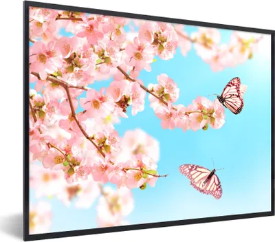 Produktbild von MuchoWow® Gerahmtes Poster Schmetterlinge - Baum - Blumen 80x60 cm - Poster mit Schwarzem Bilderrahmen Wandposter Rahmen Foto Bilder - Schwarzem - Mit Gestell