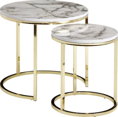 Two nesting side tables with marble-look tops and gold metal frames.