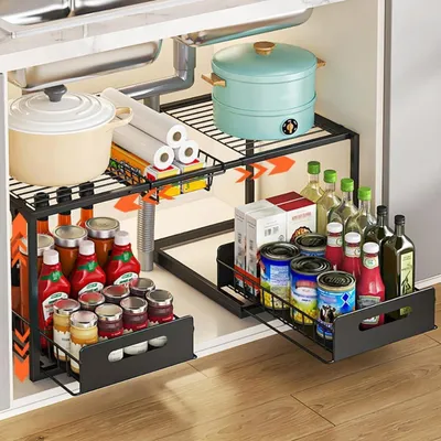 Obrázok produktu pre Organizér do spodnej skrinky, výsuvný, kovový, čierny, štýl A, rozmer 65-75 x 32-40 x 36,5 cm