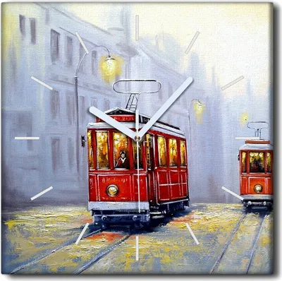 Produktbild von Coloray Uhr auf Leinwand 30x30 cm Wand Uhr Dekoration Wohnzimmer Segeltuch weiße Zeiger -Straßenbahnlandschaft.