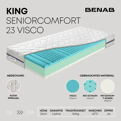 Produktbild von Visco-Matratze Benab King SeniorComfort 23 Visco Matratze 90 x 195 cm H3 / H4 hart 23 cm hohe Visco-Matratzen, Algua Spirulina, BIO Schaum, Visco, HR, 7 Zonen, Profilierung, Partnermatratze