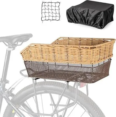 Zdjęcie produktu dla Kosz rowerowy tylny wiklinowy na bagażnik 45X30X20 cm z osłoną