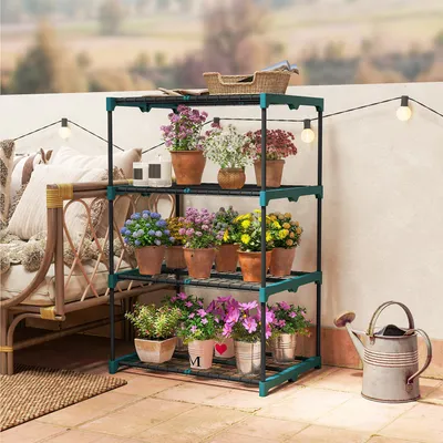 Produktbild von SUGIFT Blumenständer Metall, Pflanzenständer 4 Etagen, Pflanzenregal für Balkon Terrasse, Dunkelgrün  |  rostbeständig  |  bis 15 kg  |  67×49×105 cm