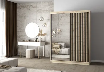 Produktbild von Easy4You Lami I Artisan Schiebetürenschrank Kleiderschrank 150x200x61 cm mit Spiegel - Schlafzimmermöbel, Aufbewahrung – Mehrzweckschrank mit Kleiderstange und Lamellen
