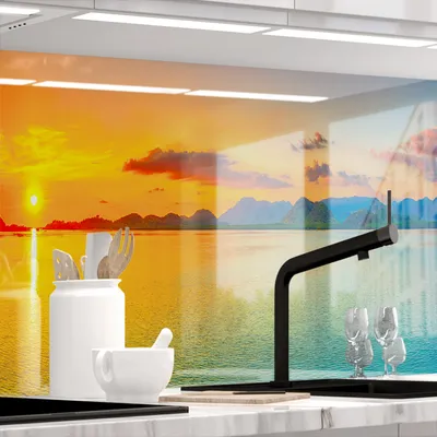 Produktbild von Küchenrückwand selbstklebend Glasoptik - SUNDOWNER - 1.8mm, versteift, alle Untergründe, Hart PET Material, PREMIUM 60 x 80cm