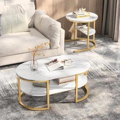 Image de Ensemble de tables basses - Tables basses modernes - Table d'appoint - Tables pour salon - Table ovale - Pieds en métal doré