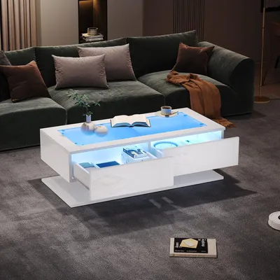 Produktbild von Couchtisch Hochglanz Weiß 100 x 50 x 35 cm mit Glasplatte und LED, 2 Schubladen, USB, max. 45 kg
