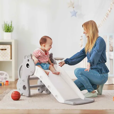 Produktbild von Sweiko 3-in-1 Rutsche für Kinder, Giraffenform, Basketballkorb, Ball, Grau